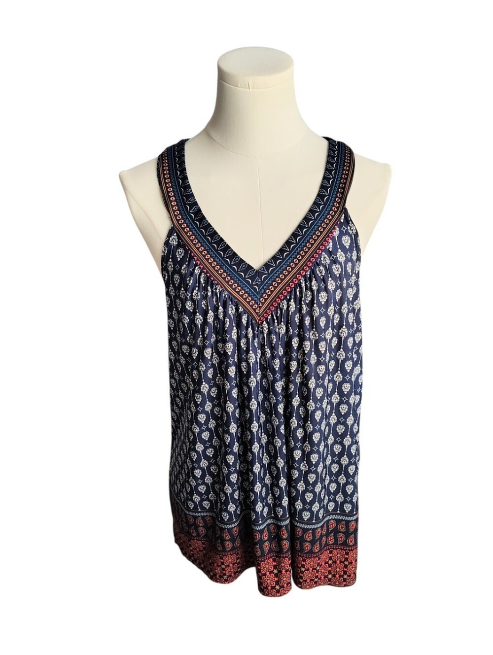 Sweet Wanderer Ethnic Style Navy Blue Bohemian Keyhole Tank Top Blouse Size XL
